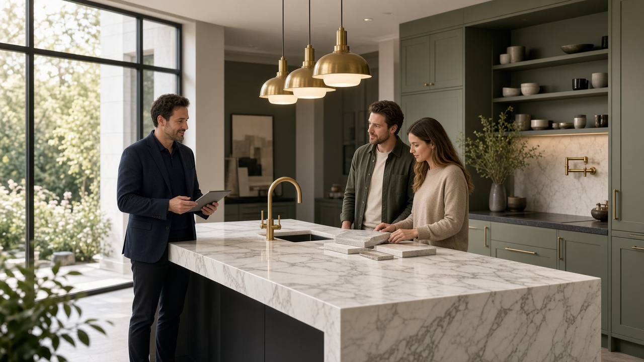 Quartz Kitchen Worktops studio — marble island and sample consultation