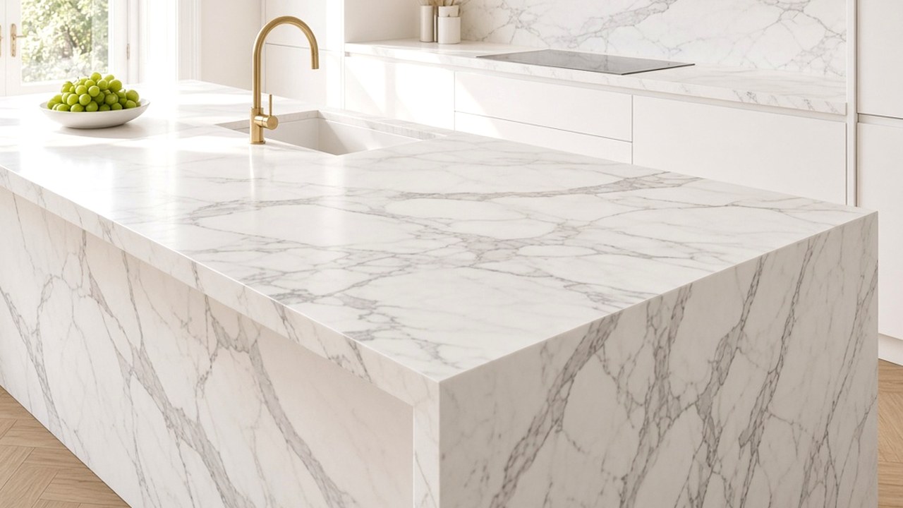 White marble-look solid-surface island with soft grey veining in a bright British kitchen
