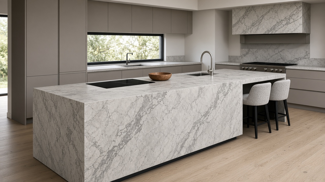 Grey-veined quartz-look worktop booked across an island and return as one piece