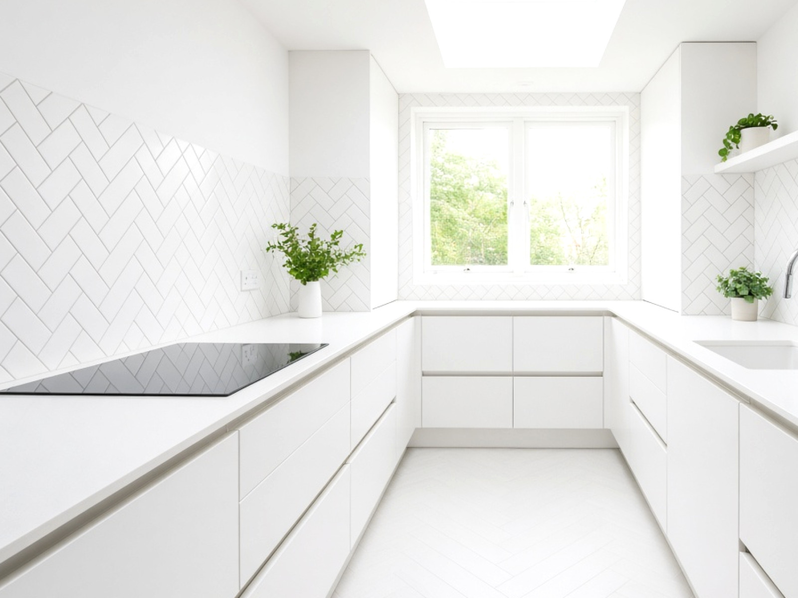 Close-up of a fitted modern white kitchen worktop
